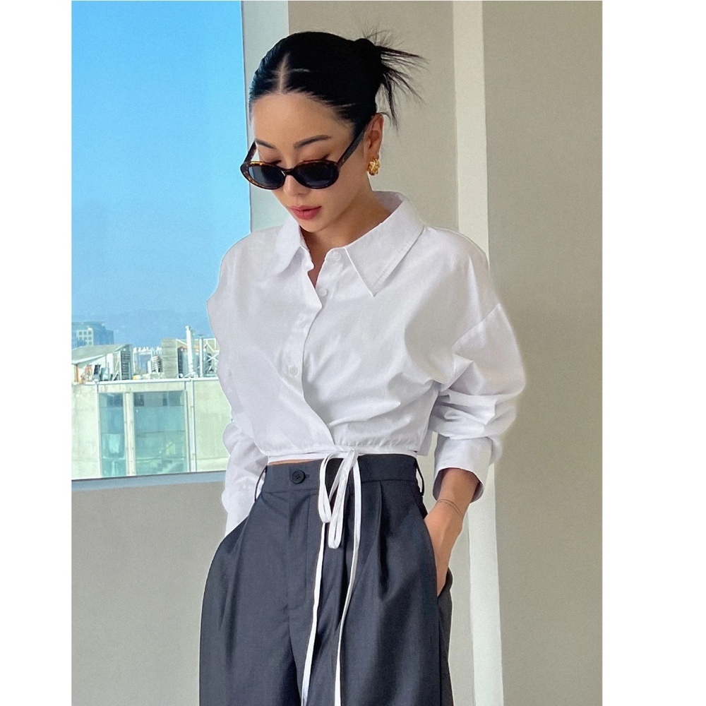 Cotton White Crop Button Up Down Was it Ties Long Sleeve Collared Shirt - Picture 10 of 10
